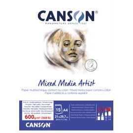 CANSON Mixed Media 600gsm A4 Artist's Pad Glued Pad 15 Sheets Ideal for Professional Artists and Students