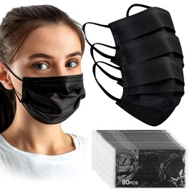 RAINFLOW Black Disposable Face Masks - Individually Wrapped Disposable 3-Ply Face Masks for Adults for Daily Use, Work, Office, School, and Travel 80 PCS