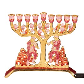 Matashi Hand-Painted Spinning Dreidel & Dancing Men w/Jerusalem Cityscape Design Menorah Candelabra Hanukkah Holiday Ornaments (Pewter) with Gold Accents and Crystals Hanukkah Gift Jewish Decor