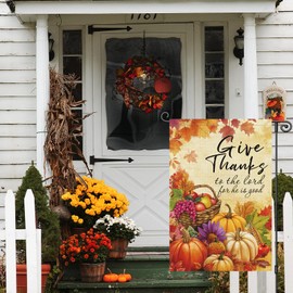 Louise Maelys Fall Thanksgiving Garden Flag Give Thanks Pumpkin Fruit Floral 12x18 Inch Double Sided Maple Holiday Seasonal Autumn Welcome Small Burlap Yard Sign Outside Outdoor House Decor