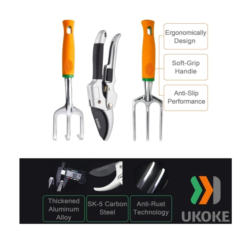 Ukoke Heavy Duty 12-Piece Garden Tool Kit with Storage Apron,