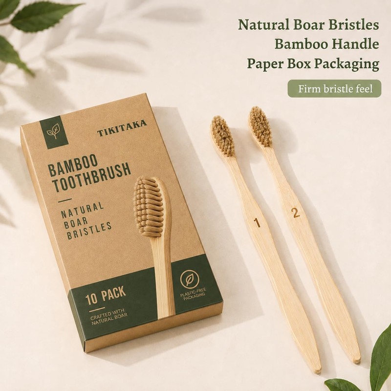 TIKITAKA FTG Boar Bristle Bamboo Toothbrush 10 Pack Plastic Free