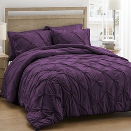 UNIKOME Queen Comforter Set Purple - Lightweight Soft Pintuck Down Alternative Bedding Set for Summer, All Seasons, 3 Pieces Pinch Pleat Solid Bed Set with Comforter, 2 Pillowcases