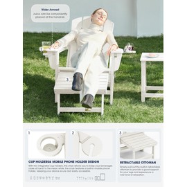 KINGYES Folding Adjustable Adirondack Chair with Ottoman & 2 Cup Holders, HDEP Multifunctional Adirondack Chair with Footrest, White