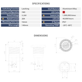KWONONG LED Latching Push Button Switch, Aluminum Alloy, IP67 Waterproof 5-24V 20A 1NO, with Wire Socket Plug (1, Red, 16mm)