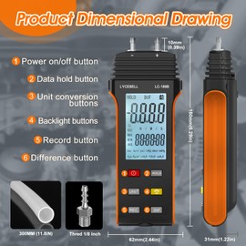 LC-189B Manometer, Digital Differential Pressure Gauge,Large Range Measurement, with Backlight Display, Suitable for HVAC Measurement, Gas Pressure System Troubleshooting(Black+Orange)