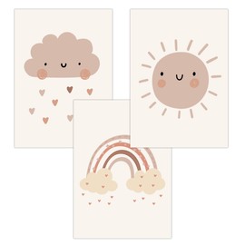 FAVELOT Poster Children's Room Boys & Girls A4 - Rainbow, Sun, Beige Boho - Pictures Baby Room Decoration - German Premium Print - Set of 3 DIN A4