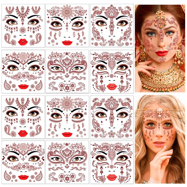 DPKOW 12pcs Mandala Flower Face Tattoos, Indian Lace Temporary Tattoos,