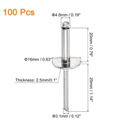 sourcing map 100Pcs 3/16"x3/4" 304 Stainless Steel Large Flange Round Head Rivets, Large Cap Open End Blind Rivets for Construction, Automotive Manufacturing, Aerospace, Shipbuilding (Silver)