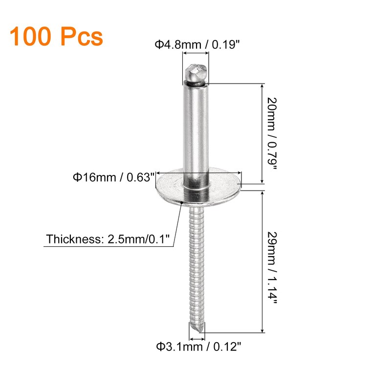 sourcing map 100Pcs 3/16"x3/4" 304 Stainless Steel Large Flange Round