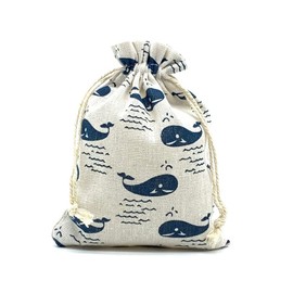 5 pcs Printed Cotton Burlap Favor Gift Bags, Linen Jewelry Pouches with Drawstring for Gifts Jewelry and Storage (Whale)