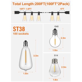 GPATIO 200FT(100FT*2Pack) Outdoor String Lights, Waterproof Patio Lights with 104 Dimmable Hanging Lights Globe ST38 Bulbs, 2700k Shatterproof for Backyard Gazebo Porch Garden Outside Decor