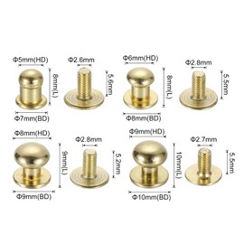 sourcing map 5/6/8/9mm Ball Head Stud Rivets Screw Back, 64Pack Round Head Button Nipple Rivet for DIY Leather Craft Handbag Belt, Light Golden