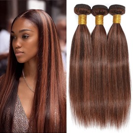 Dokksiiia Highlight Brown Straight Human Hair Bundles Ombre P4/30 Dark Brown and Light Brown Bundles Double Weft Brazilian Human Hair Extensions Sew-In for Black Women 18 20 22 Inch