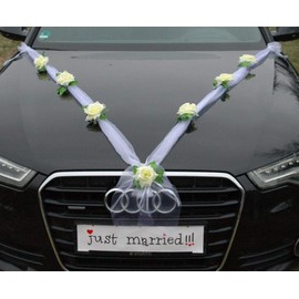 Organza M Auto Schmuck Braut Paar Rose Deko Dekoration Autoschmuck Hochzeit Car Auto Wedding Deko Girlande PKW (Ecru2/Weiß)