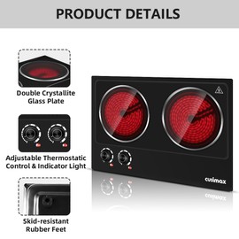 CUSIMAX Double Burner, 1800W Electric Hot Plate, Ceramic Infrared Cooktop with Dual Control, Portable Countertop Burner, Glass Plate Electric Cooktop, Stainless Steel Black-Upgraded Version