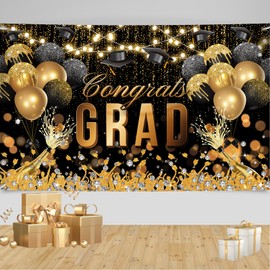 Graduation Decoration Black Gold Graduation Background Banner Large Fabric Congrat Grad Backdrop 180×110cm, Congrats Grad Banner Black and Gold Cluster Graduation Decorative Banner for Party Supplies