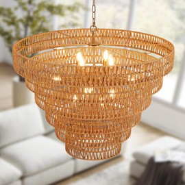 Widluth 31.5“ Hand-Woven Rattan Chandelier Vintage Farmhouse 12-Lights Boho Bamboo Large Chandelier Light Fixture 6-Tier Drum Wicker Golden Chandelier for Dining Room, Living Room, Kitchen, E12