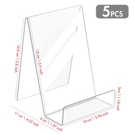 Kamehame Book Stands for Display Large 5 Pack 3.9x4.3x5.8 Inch Acrylic Book Display Easel with Ledge, Clear Desktop Holder for Displaying Books, Albums, Pictures, Music Sheets, Notebooks