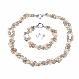 Treasure Bay Elegant Natural Freshwater Pearl Jewellery Set for Women ladies Girls Necklace, Bracelet and earrings, Womens Pearl Tri-set (Multi-colour 1)
