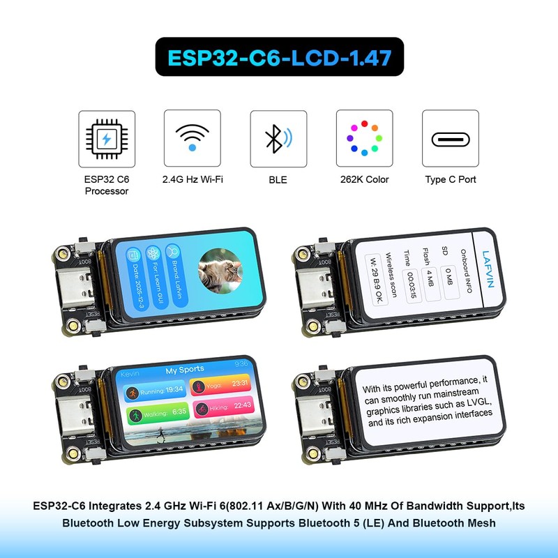 LAFVIN ESP32-C6 Development Board with 1.47inch 172×320 262K LCD Display,