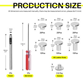 Mardatt 222Pcs Chicago Screws Assorted Kit with Setting Tools, M5 X 4/5/6/8/10/12 mm Screw Rivets Metal Slotted Screw Studs Leather Rivets for DIY Leather Craft Decoration (Silver)