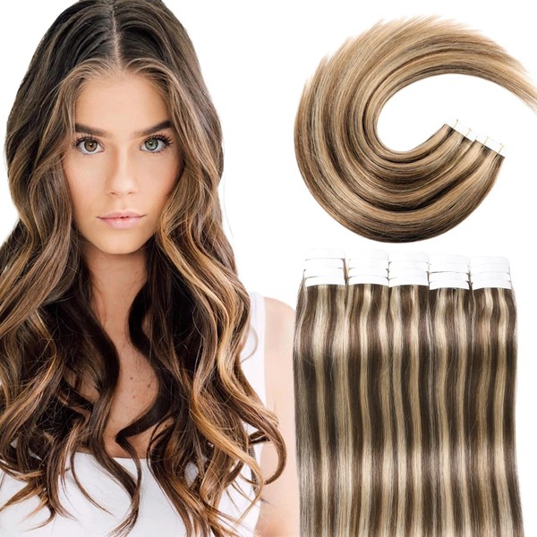 VINBAO 14 Inch Tape in Human Hair Extensions Seamless Skin Weft Hair Color 4 Medium Brown Highlighted 27 Caramel Blonde Tape in Hair 50 Gram 20Pcs (#4P27-14Inch)