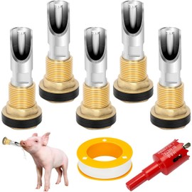 awliye 5 Pcs Pig Waterer Nipples, Stainless Steel Automatic Pig Nipple Waterer Hog Water Drinker Feeder with Brass Water Tank Connector, Drill Bit and 10 M Tape, for Hog Piglets Goat