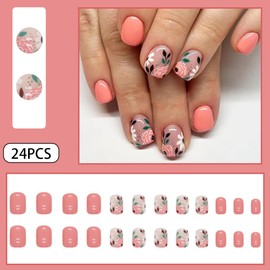 WAFOLOZE Press on Nails Short Square Fake Nails Solid Colour False Nails with Flower Press ons Designs Acrylic Nails Press on Artificial Nails Stick on Nails for Women 24Pcs