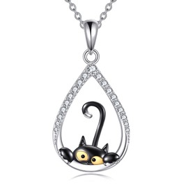 POPLYKE Black Cat Necklace for Women Sterling Silver Cat Pendant Jewelry Gifts for Cat lovers Best friend Necklace