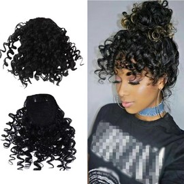 FENGTUO Clip-In Curly Hair Bangs Extension Fluffy Topper Hair Front Fringe (Black, 15cm)