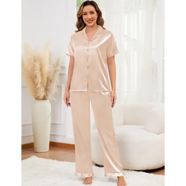 SWOMOG Silk Satin Pajama Set for Women Short Sleeve Loungewear 2 pcs Button Down Sleepwear and Pants with Ruffle Pjs Set,Champagne Large