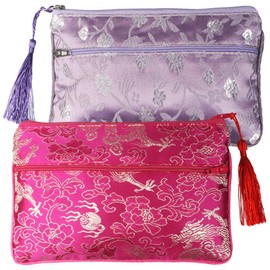 kilofly 2 pc Chinese Silk Brocade 2 Zipper Pocket Tassel Jewelry Bag Gift Pouch