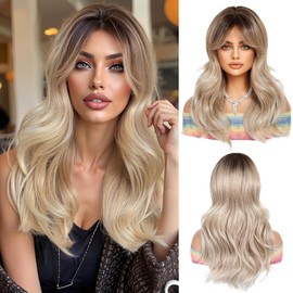 OUFEI Long Ombre Ash Blonde Wig with Curtain Fringe Natural Wavy Wigs for Women Natural Synthetic Hair Heat Resistant Wigs for Daily Party Cosplay Wear