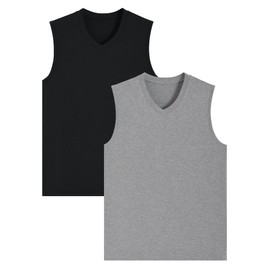Latuza Men's Bamboo Viscose Pajama Shirt V-Neck Sleep Tank Top 2 Pack, Black/Light Gray, Large