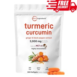Micro Ingredients Turmeric Curcumin Capsules, 3000 mg with Ginger & Black Pepper, 300 Softgels