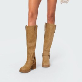 Dsevht Brown Leather Knee High Boots for Women Chunky Platform Heeled Tall Long Boots Round Toe GoGo Boot Heeled Riding Motocycle Boots