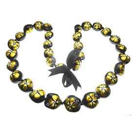 Aloha Passion Hawaiian Style Kukui Nut Lei, Hand Painted Gold Color Hibiscus 32 Inches