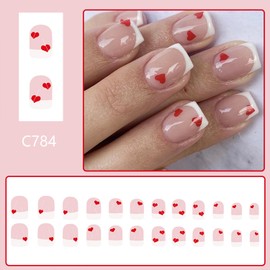 Valentines Press on Nails Short Square Fake Nails With Red Heart Designs White French Tip False Nails Glossy Glue on Nails Full Cover Artificial Stick on Nails for Women 24 Pcs