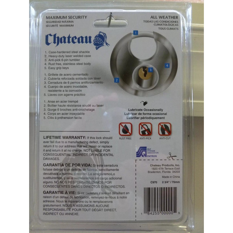Chateau Padlock Stainless Steel Heavy Duty 3 Keys Round Disc