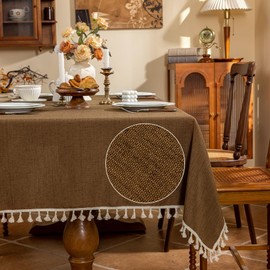 AmHoo Linen Blend Tablecloth Table Cloth 280 GSM Stitching Tassel Rectangle Decorative Natural Table Cover for Kitchen Dinning Wedding Buffet 55×102 inch Brown