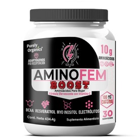 Amino Fem Boost. Extra energía. Con Inositol, Vitamina B9, Pulpa de Uva, Antioxidantes de Arándano y Cafeína. Bote con 30 servicios. Purely Organics. Sabor ponche de frutas, efervescente.