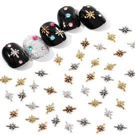 BAIYIYI 3D Gold Silver Star Nail Studs - DIY Nail Art Decorations with Star Shape Metal Rivets and Gemstone Jewelry