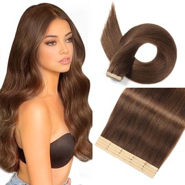 Tape in Hair Extensions Human Hair 16 Inch 20pcs Tape Hair Extensions Invisible Tape ins Hair Extensions Real Human Hair Chocolate Brown Remy Seamless Injected Tape Extensions