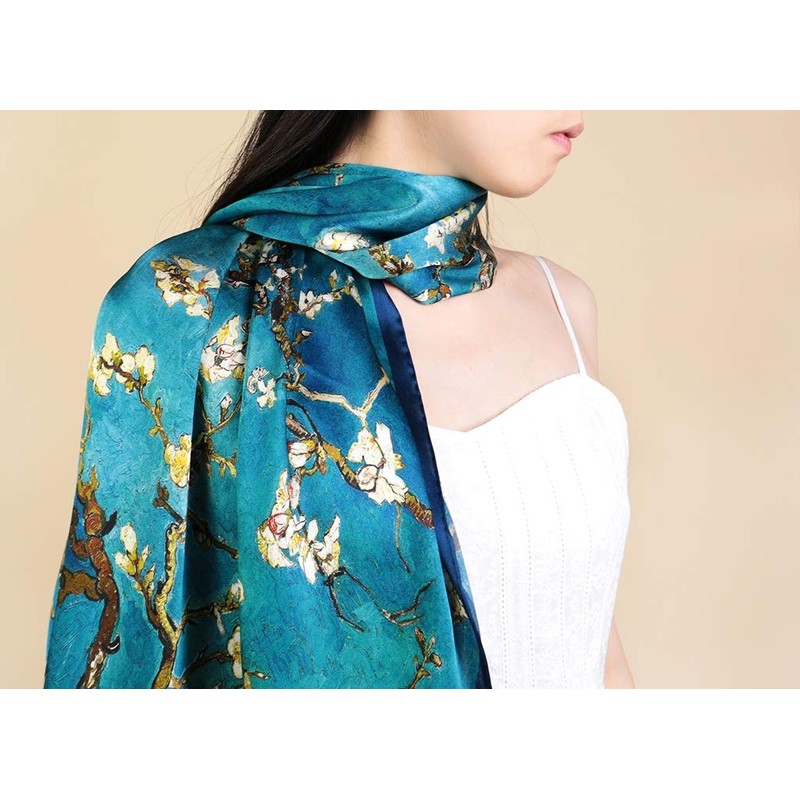 Prettystern Van Gogh Silk Stole Blue XXL Oversize Almond Tree
