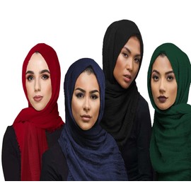 QYMY 4pcs Set Hijab Muslim Head Scarf Solid Color Long Scarf Wrap Scarves Cotton Scarf for Women Fashion L70.7”xW35.4” QY414 (Black+Red+Navy blue+Dark green(4pcs set）),Medium