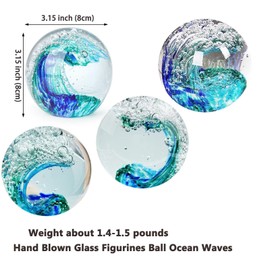 FZBHRO Decorative Crystal Ball Figurines Ocean Waves Paperweight Blown Glass Decor Sea Art Ocean Lovers Gift Blue Green 3.15"