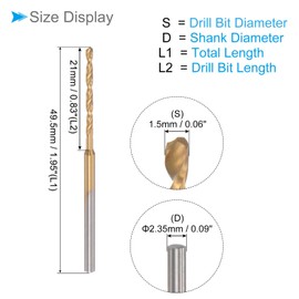 CoCud Mini Drill Bit 0.06 inch (1.5 mm) Drill Diameter 0.09 inch (2.35 mm) Shank Diameter Titanium Coated Micro Carving Drill Bit Plastic for Carpentry, 6 Pcs