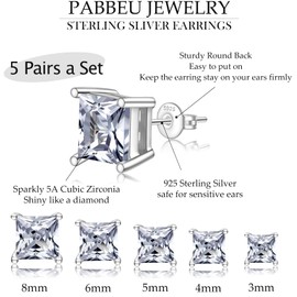 PABBEU 5Pairs Sterling Silver Stud Earrings for Women Hypoallergenic 925 Sterling Silver Earring Studs Small Stacks AAAAA Cubic Zirconia Cartilage SilverStud Earrings Set for Women Gift