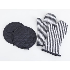 Home Beyond & HB design - Grey Stripe Oven Mitts and Pot Holders Set - Heat Resistant Polyester Cotton Kitchen Gloves - Set of 4